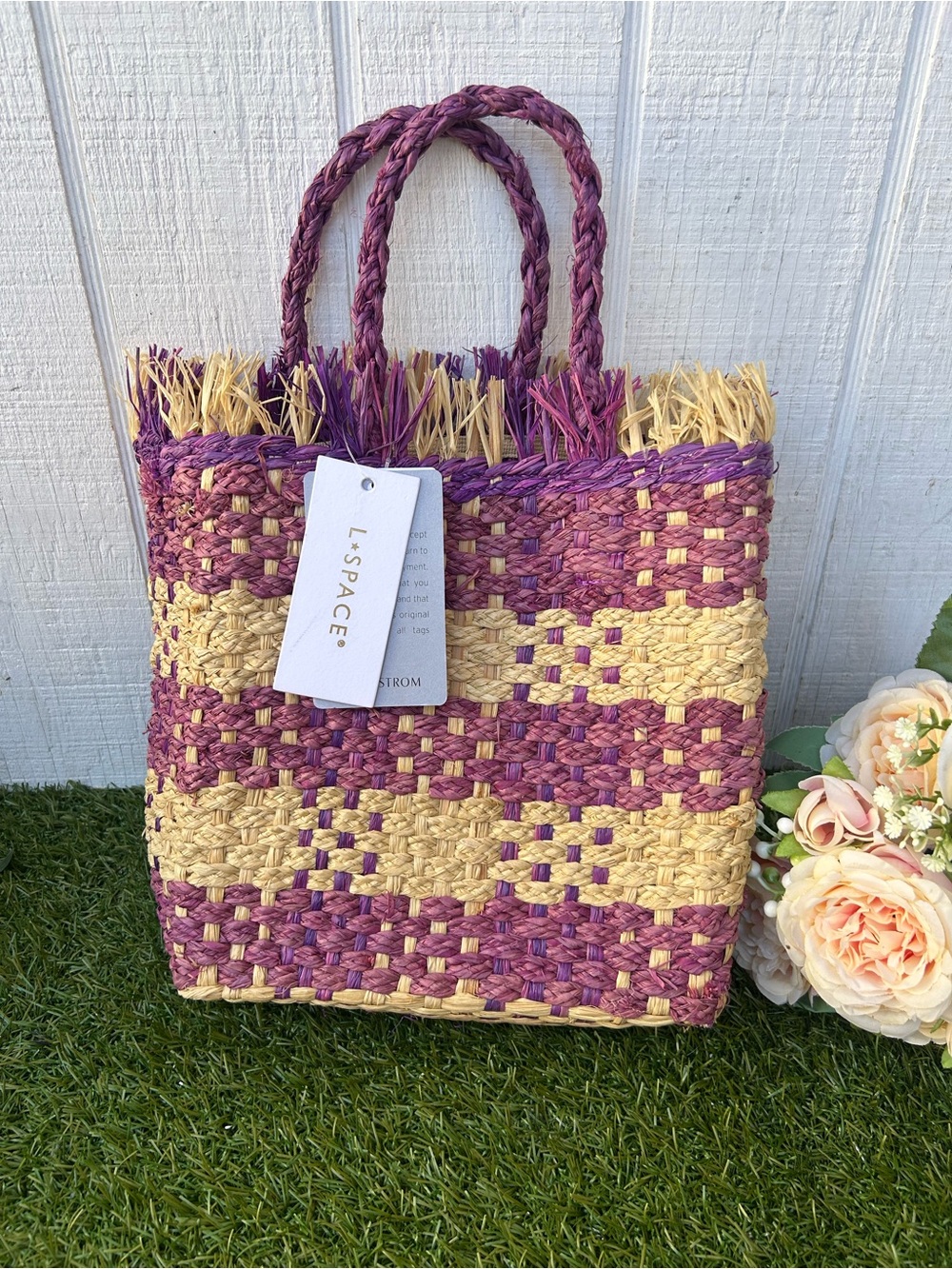 L Space - Charlie Bag - Berry Woven Straw Tote Bag in Purple and Natural New - Picture 1 of 16